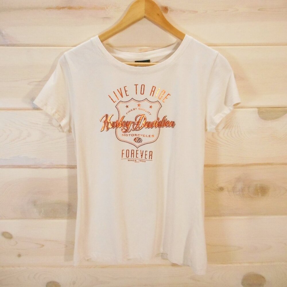 2015 Harley Davidson Motorcycles Women's size L Tee Deadwood SD Beige Metallic